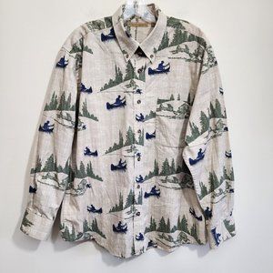 Munsingwear button down long sleeve shirt with canoe and forest print men size L